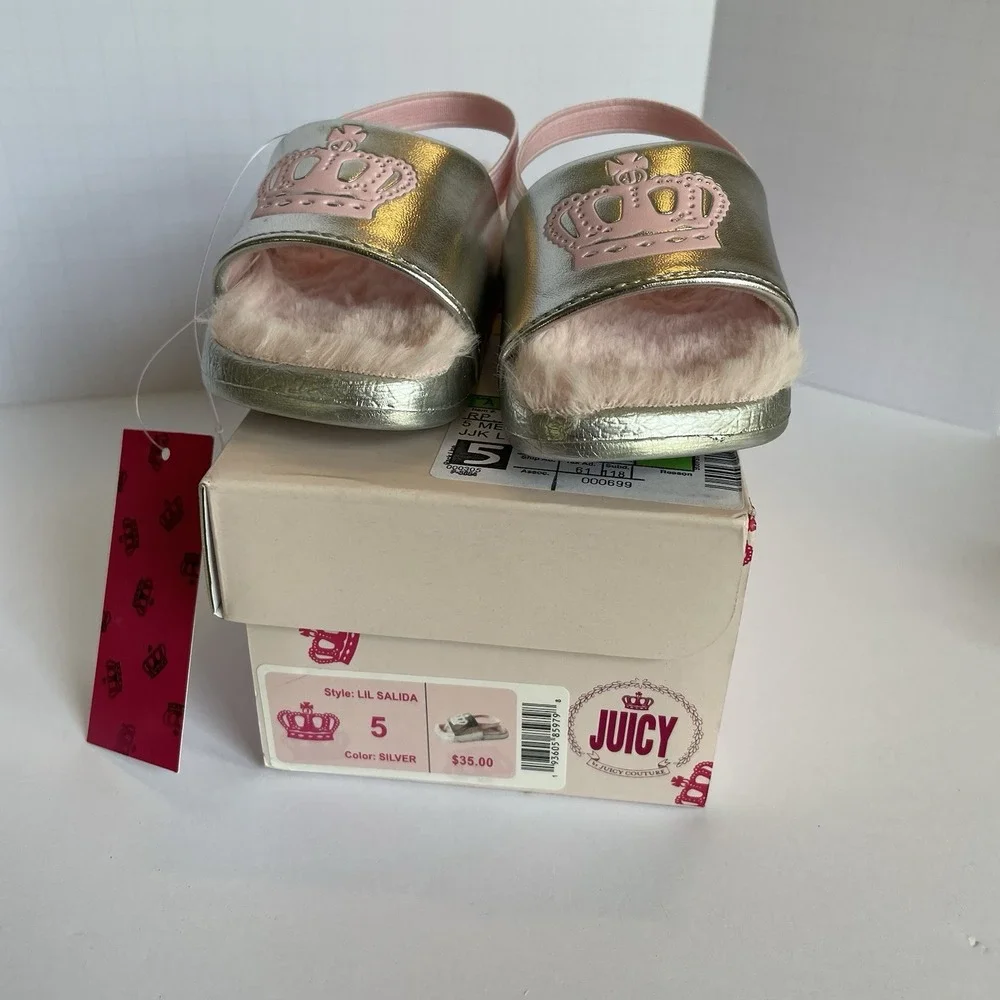 Juicy Couture Toddler Girl Sandals Size 5‎ LIL SALIDA Silver Pink Crown NWT Faux